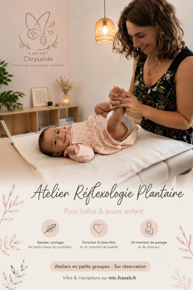 Affiche de l'atelier de réflexologie plantaire pour bébé et jeune enfant : apaiser et soulager les petits maux du quotidien, favoriser le bien-être et un sommeil de qualité, un moment de partage et de douceur — ateliers en petits groupes, sur réservation